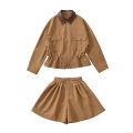 Women's 2-Piece Utility Set Khaki Brown Batwing Sleeve Drawstring Waist Jacket And Wide Leg Pleated Shorts Casual Workwear Outfits With Leather Collar