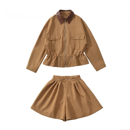 Women's 2-Piece Utility Set Khaki Brown Batwing Sleeve Drawstring Waist Jacket And Wide Leg Pleated Shorts Casual Workwear Outfits With Leather Collar