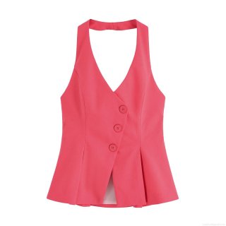 Women Summer Two Piece Outfits Halter V Neck Pleated Vest Top And High Waist Wide Leg Shorts Set Polyester Spandex Rose Pink Elegant Office Lady Casual Suit