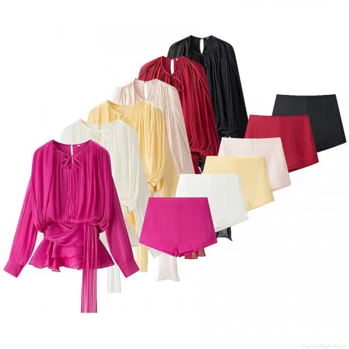 Women's Pleated 2 Piece Shorts Set Fashion Satin Lustrous Long Sleeve Tie-Neck Ruffle Blouse and High Waist Shorts Elegant Summer Party Outfit For Women