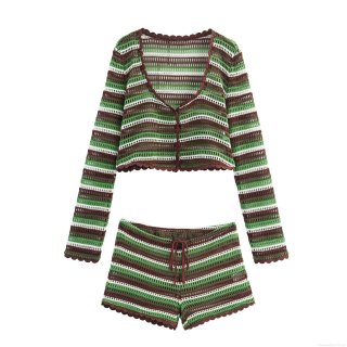 Women's Casual Stripe Crochet Knit Two Piece Set Hollow Out V Neck Long Sleeve Cardigan And Scalloped Edge Shorts Beach Holiday Vacation Outfit
