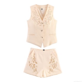Women Two Piece Shorts Set Elegant Hollow Floral Embroidery V Neck Vest And High Waisted Shorts Casual Summer Sleeveless Suit Outfit For Ladies
