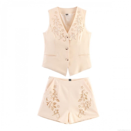 Women Two Piece Shorts Set Elegant Hollow Floral Embroidery V Neck Vest And High Waisted Shorts Casual Summer Sleeveless Suit Outfit For Ladies