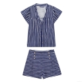 Women's Summer Striped Two-Piece Set Casual V-Neck Shirt With Gold Buttons And Ruffle Sleeves Navy Style High Waist Shorts Set Women Clothing