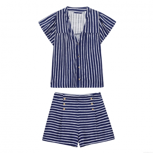 Women's Summer Striped Two-Piece Set Casual V-Neck Shirt With Gold Buttons And Ruffle Sleeves Navy Style High Waist Shorts Set Women Clothing