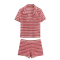 Women Colorful Striped Crochet Knit Polo Shirt And Shorts Two-Piece Set Summer Casual Boho Hollow Out Short Sleeve Top Mini Shorts Clothing