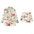 Women's 2 Piece Casual Blazer Shorts Set Polyester Spandex Tropical Fruit Print Double Breasted Notched Lapel Jacket With Elastic Waist Shorts Summer Vacation Outfit