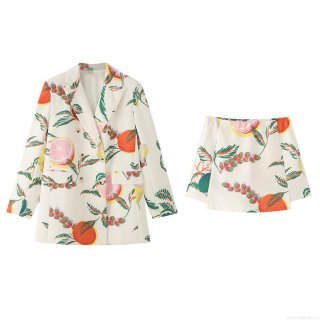 Women's 2 Piece Casual Blazer Shorts Set Polyester Spandex Tropical Fruit Print Double Breasted Notched Lapel Jacket With Elastic Waist Shorts Summer Vacation Outfit
