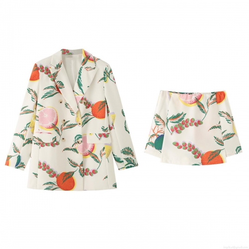 Women's 2 Piece Casual Blazer Shorts Set Polyester Spandex Tropical Fruit Print Double Breasted Notched Lapel Jacket With Elastic Waist Shorts Summer Vacation Outfit