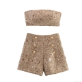 Women's Sexy Sequin Tweed Two Piece Set Strapless Tube Top And High Waist Shorts Co-ords Set Elegant Party Outfits With Gold Buttons