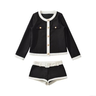 Women's Elegant Contrast Trim Tweed Short Jacket and Belted Shorts Two Piece Set Long Sleeve Gold Button Down Outfits for Office Party Ladies Co-ords