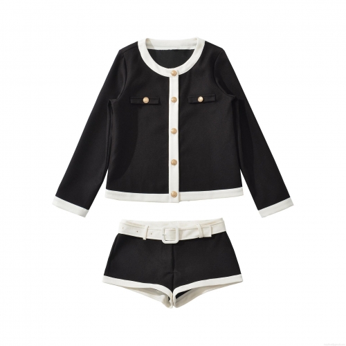 Women's Elegant Contrast Trim Tweed Short Jacket and Belted Shorts Two Piece Set Long Sleeve Gold Button Down Outfits for Office Party Ladies Co-ords