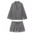 Women's Dark Grey Pajama Style Loungewear Set Contrast White Piping Satin Finish Long Sleeve Button Down Shirt And Elastic Waist Drawstring Shorts Two Piece Casual Home Suit