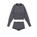 Women's Striped Knit Shorts Set Two Piece Casual Long Sleeve Button Down Cardigan Top And Scalloped Hem Shorts Viscose Blend Lounge Set