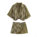 Women Olive Green Leaf Embroidery Short Sleeve Shirt And Wrap Shorts Two Piece Set Casual Polyester Knot Hem Blouse High Waist Skort Co-ord