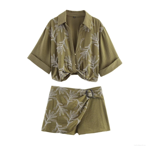 Women Olive Green Leaf Embroidery Short Sleeve Shirt And Wrap Shorts Two Piece Set Casual Polyester Knot Hem Blouse High Waist Skort Co-ord