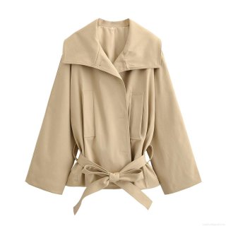 Women's Khaki Casual Two Piece Set Lapel Long Sleeve Trench Coat With Belt And High Waist Shorts 100% Polyester Fashion Outfit For Autumn