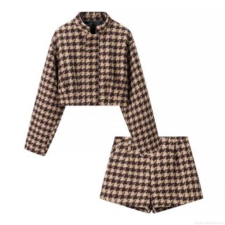 Women's 2 Piece Houndstooth Tweed Outfit Set Elegant Vintage Short Jacket And High Waist Shorts Plaid Suits For Autumn Winter Women Clothing