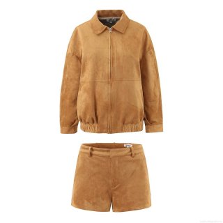 Women's Casual Suede Jacket and Shorts Set Two Piece Outfits Zip Up Long Sleeve Coat with High Waist Shorts for Autumn Winter Streetwear