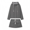 Women Casual Two Piece Set Hooded Long Sleeve Jacket And Cargo Shorts Solid Color Polyester Spandex Faux Cotton Twill Tracksuit With Drawstring Pockets For Daily Streetwear