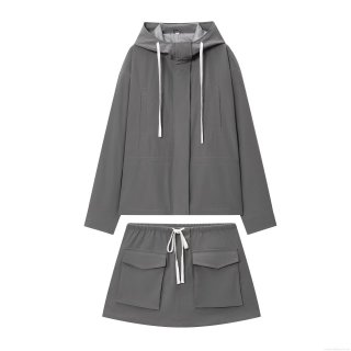 Women Casual Two Piece Set Hooded Long Sleeve Jacket And Cargo Shorts Solid Color Polyester Spandex Faux Cotton Twill Tracksuit With Drawstring Pockets For Daily Streetwear