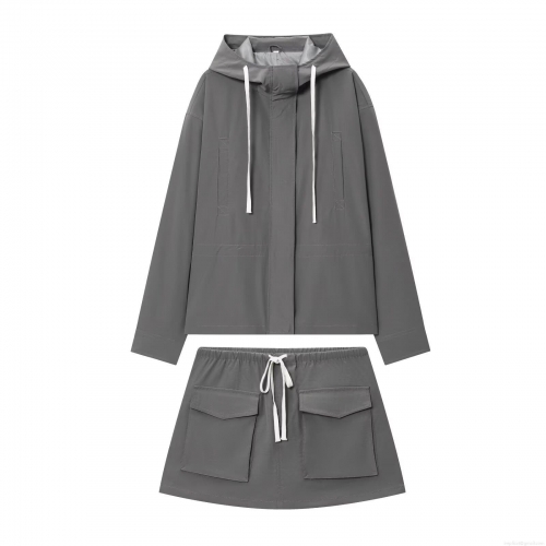 Women Casual Two Piece Set Hooded Long Sleeve Jacket And Cargo Shorts Solid Color Polyester Spandex Faux Cotton Twill Tracksuit With Drawstring Pockets For Daily Streetwear
