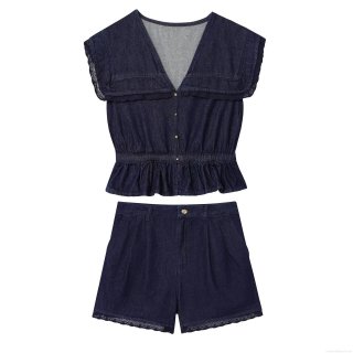 Women's Denim Two Piece Set Lace Trim Sleeveless V-Neck Ruffle Hem Shirt And Matching Lace Hem Shorts Sweet Summer Casual Outfit For Women