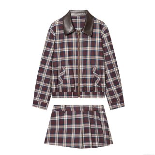 Women's Plaid 2-Piece Set Leather Lapel Zipper Bomber Jacket and High Waist Pleated Skort Checked Casual Streetwear Outfits for Women
