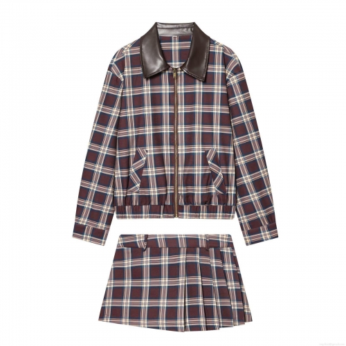 Women's Plaid 2-Piece Set Leather Lapel Zipper Bomber Jacket and High Waist Pleated Skort Checked Casual Streetwear Outfits for Women