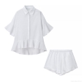 Women Fashion Casual Loose Ruffle Short Sleeve Shirt Blouse And Elastic Waist Shorts Two-Piece Set Solid White Cotton Linen Texture Summer Outfits