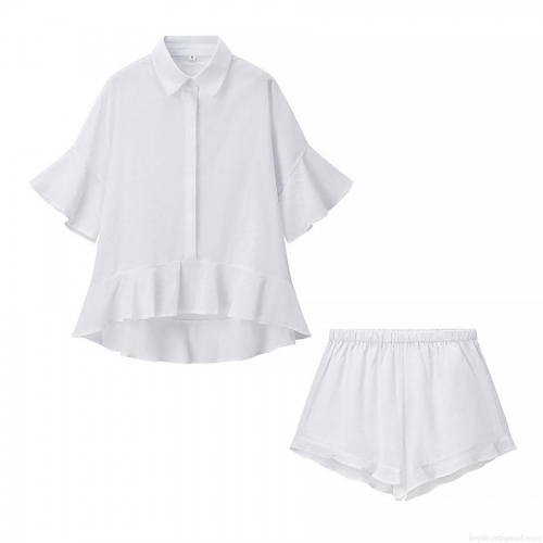 Women Fashion Casual Loose Ruffle Short Sleeve Shirt Blouse And Elastic Waist Shorts Two-Piece Set Solid White Cotton Linen Texture Summer Outfits