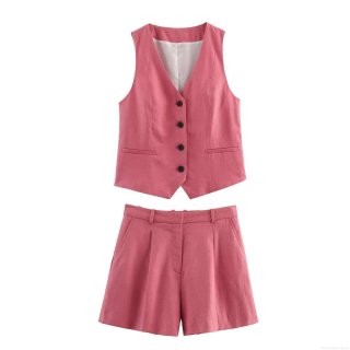 Linen Blend V-Neck Single Breasted Vest And High Waist Shorts Two Piece Set For Women Casual Summer Streetwear Solid Peach Pink Outfit Beach Vacation