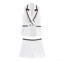 Women's 2-Piece Contrast Trim Sleeveless Vest And Shorts Set Double Breasted Lapel Waistcoat Casual Shorts Suit Summer Streetwear Outfit