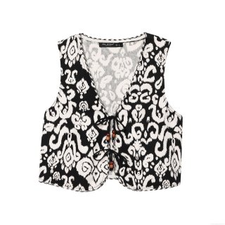 Women's Ethnic Tribal Print Two-Piece Set Sleeveless Vest Tie-Front Top With Wooden Beads And High Waist Shorts Black White Woven Summer Co-ord Outfits