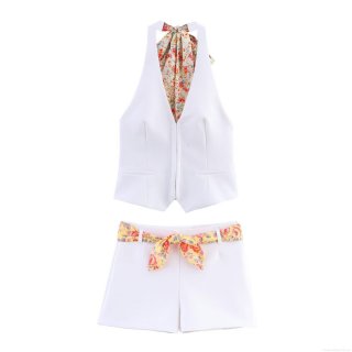 Women's 2 Piece Shorts Set White Halter Neck Crop Top And High Waist Shorts With Floral Print Scarf Belt Streetwear Summer Vacation Outfit For Ladies