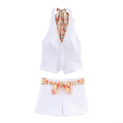 Women's 2 Piece Shorts Set White Halter Neck Crop Top And High Waist Shorts With Floral Print Scarf Belt Streetwear Summer Vacation Outfit For Ladies