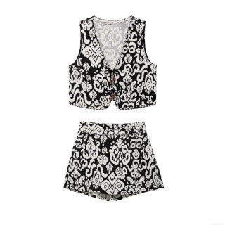 Women's Ethnic Print Two Piece Set Sleeveless Jacquard Vest Top and High Waist Wide Leg Shorts Boho Style Summer Vacation Casual Outfit
