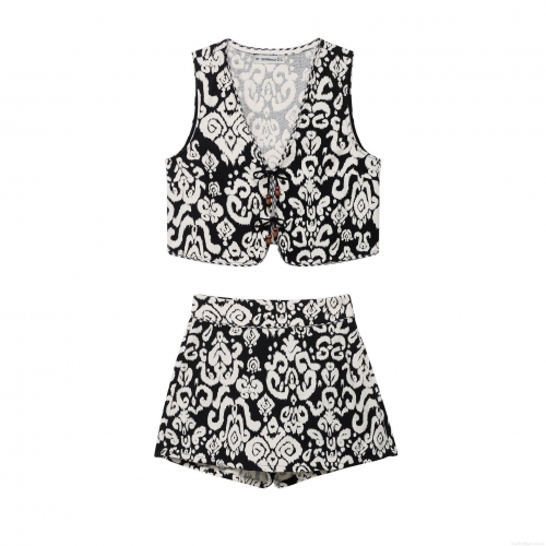 Women's Ethnic Print Two Piece Set Sleeveless Jacquard Vest Top and High Waist Wide Leg Shorts Boho Style Summer Vacation Casual Outfit