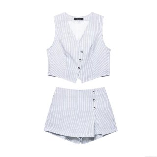 Women's Casual Two Piece Striped Vest and Skort Set V-Neck Button Decor Waistcoat and Shorts Skirt Cotton Blend Summer Streetwear Co-ord Outfits