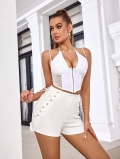 Women Sexy Two Piece Outfits Summer Halter Mesh Patchwork Crop Top and Side Lace Up High Waist Shorts Set Polyester Spandex Solid White Casual Beach Party Clubwear Set