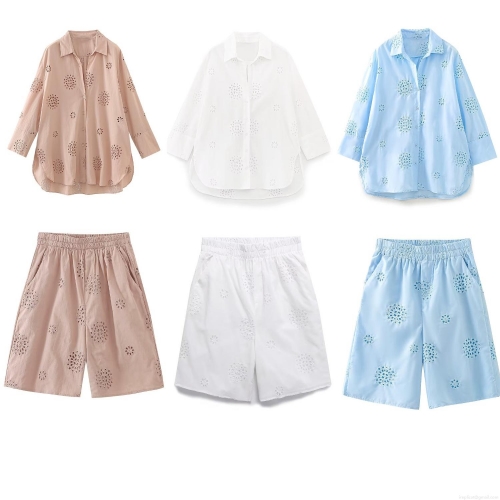 Women's 2 Piece Shorts Set Eyelet Embroidery Hollow Out Cotton Blend Button Down Shirt And Elastic Waist Shorts Summer Casual Elegant Streetwear Outfits