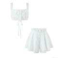 Women's Two Piece Lace Trim Ruffle Cami Top And Elastic Waist Shorts Set Polyester Solid White Sleeveless Lounge Wear For Women Summer