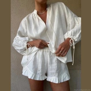 Women's 2 Piece Vacation Set White Polyester Cotton Linen Texture V Neck Tie Up Long Sleeve Top And Ruffle Hem Shorts Casual Loungewear Elegant Outfit