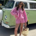 Women's Striped Two Piece Shorts Set Polyester Lace Up Long Sleeve Shirt And Elastic Waist Shorts Vacation Summer Beach Casual Outfits