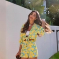 Women's Vacation Style 2-Piece Set Lemon Print Tie Front Long Sleeve Shirt And High Waist Shorts Casual Summer Beach Outfit