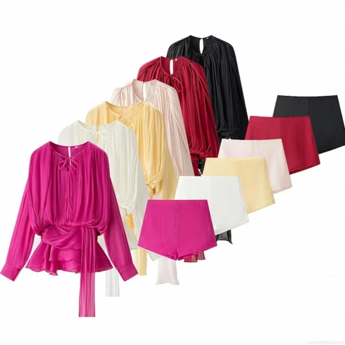 Women's Elegant Pleated Two-Piece Set Long Sleeve V-Neck Ruffle Satin Top and Shorts Solid Color Casual Vacation Outfits Fashion Summer Spring Co-ord Sets for Women