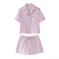 Women's Casual Pink Stripe Shorts Set Polyester Short Sleeve Button Down Shirt And Drawstring Shorts Two Piece Summer Streetwear Loungewear Outfit