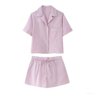 Women's Casual Pink Stripe Shorts Set Polyester Short Sleeve Button Down Shirt And Drawstring Shorts Two Piece Summer Streetwear Loungewear Outfit