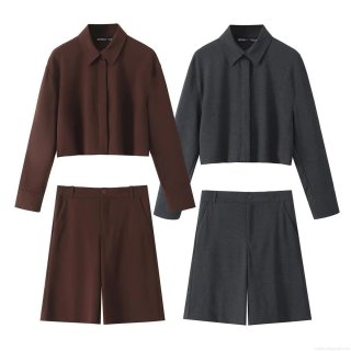 Women's 2 Piece Shorts Set Long Sleeve Lapel Crop Top Shirt And High Waisted Wide Leg Bermuda Shorts Casual Suit Polyester Blend Streetwear Outfits For Women