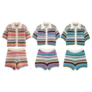 Women Crochet Stripe Polo Shirt And Shorts Set Bohemian Knit Short Sleeve Button Down Top High Waist Beach Shorts Two Piece Outfits